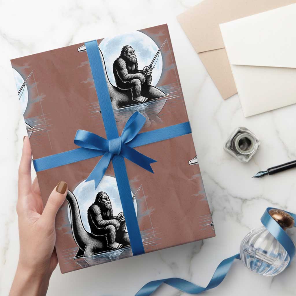 Funny Bigfoot Fishing Wrapping Paper Roll Sasquatch Riding Nessie Cryptid Moon Night TS14 Mocha Print Your Wear