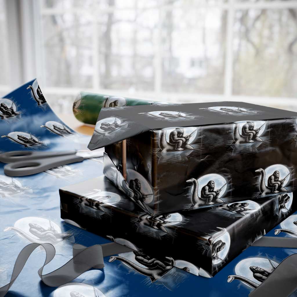 Funny Bigfoot Fishing Wrapping Paper Roll Sasquatch Riding Nessie Cryptid Moon Night TS14 Black Print Your Wear
