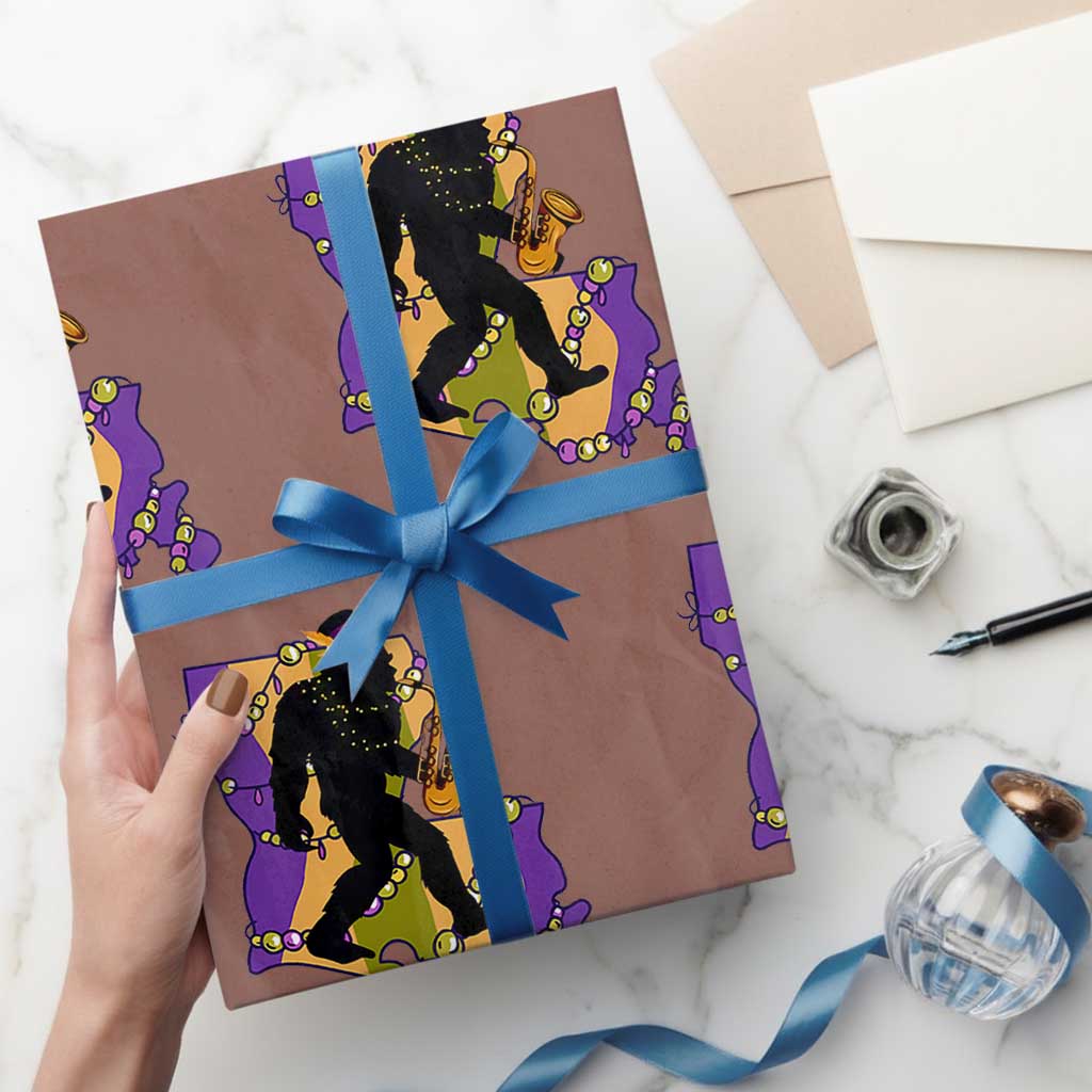 Funny Bigfoot Mardi Gras Louisiana Map Jazz Music Wrapping Paper Roll TS11 Mocha Print Your Wear