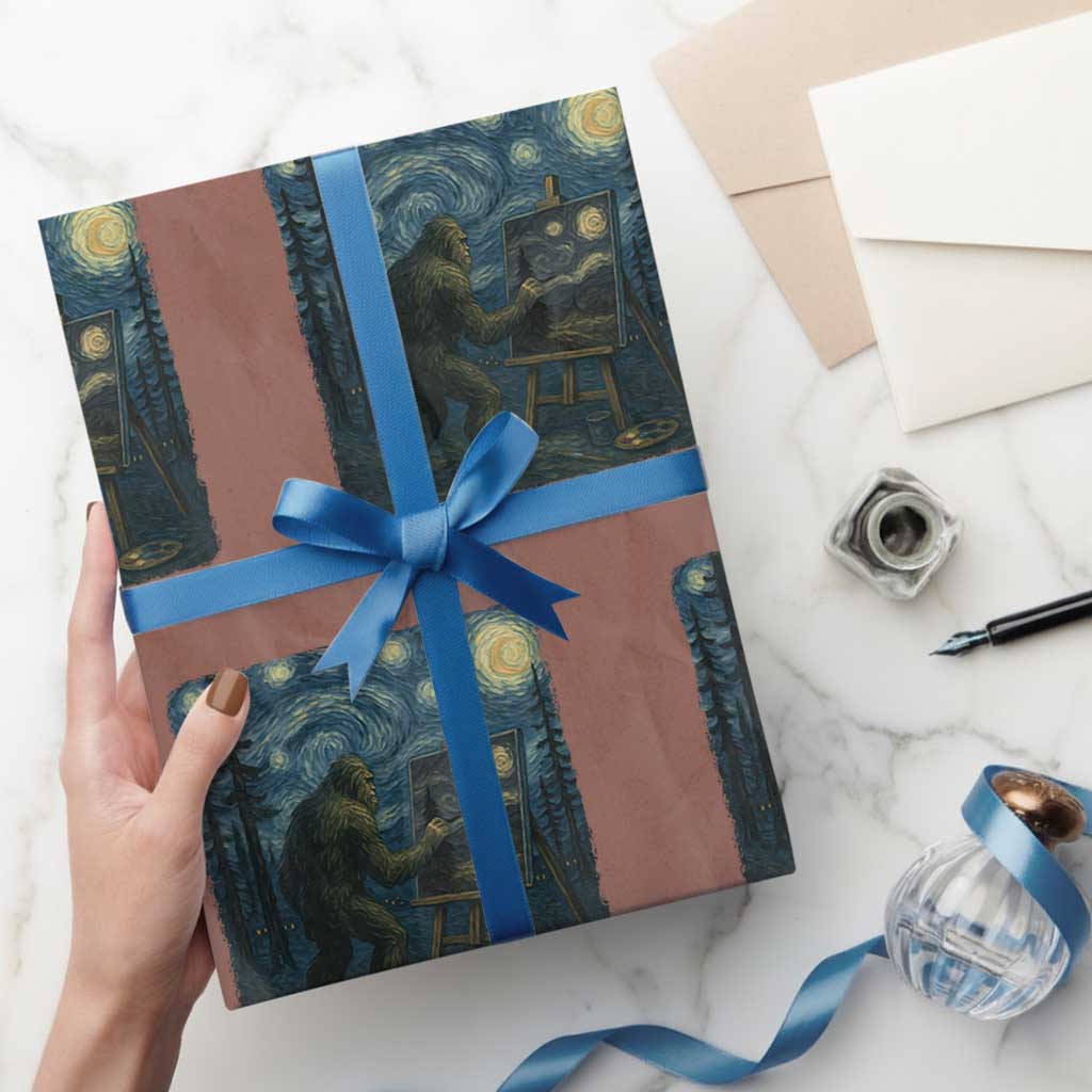 Funny Bigfoot Painting Starry Night Art Parody Gift Wrapping Paper Roll TS12 Mocha Print Your Wear