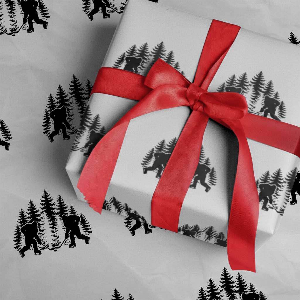 Funny Bigfoot Playing Ice Hockey Wrapping Paper Roll Cryptid Lover Gift TS12 White Print Your Wear