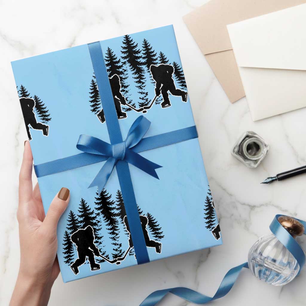 Funny Bigfoot Playing Ice Hockey Wrapping Paper Roll Cryptid Lover Gift TS12 Light Blue Print Your Wear