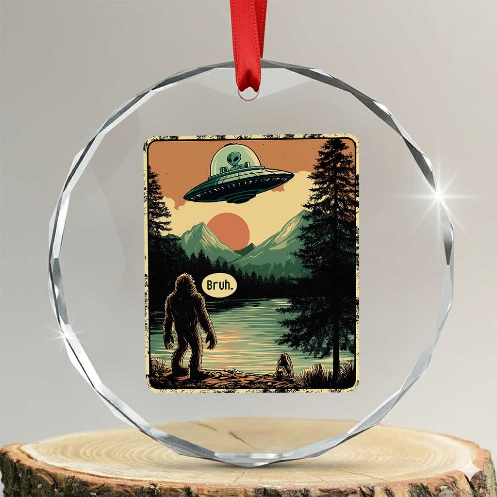 Funny Bigfoot Sasquatch Alien Spaceship UFO Introvert Bruh Crystal Glass Ornament TS11 Transparent Glass 3'' Circle Print Your Wear