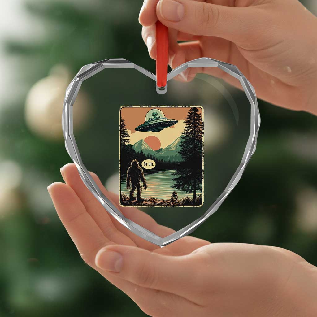 Funny Bigfoot Sasquatch Alien Spaceship UFO Introvert Bruh Heart Crystal Glass Ornament TS11 Print Your Wear