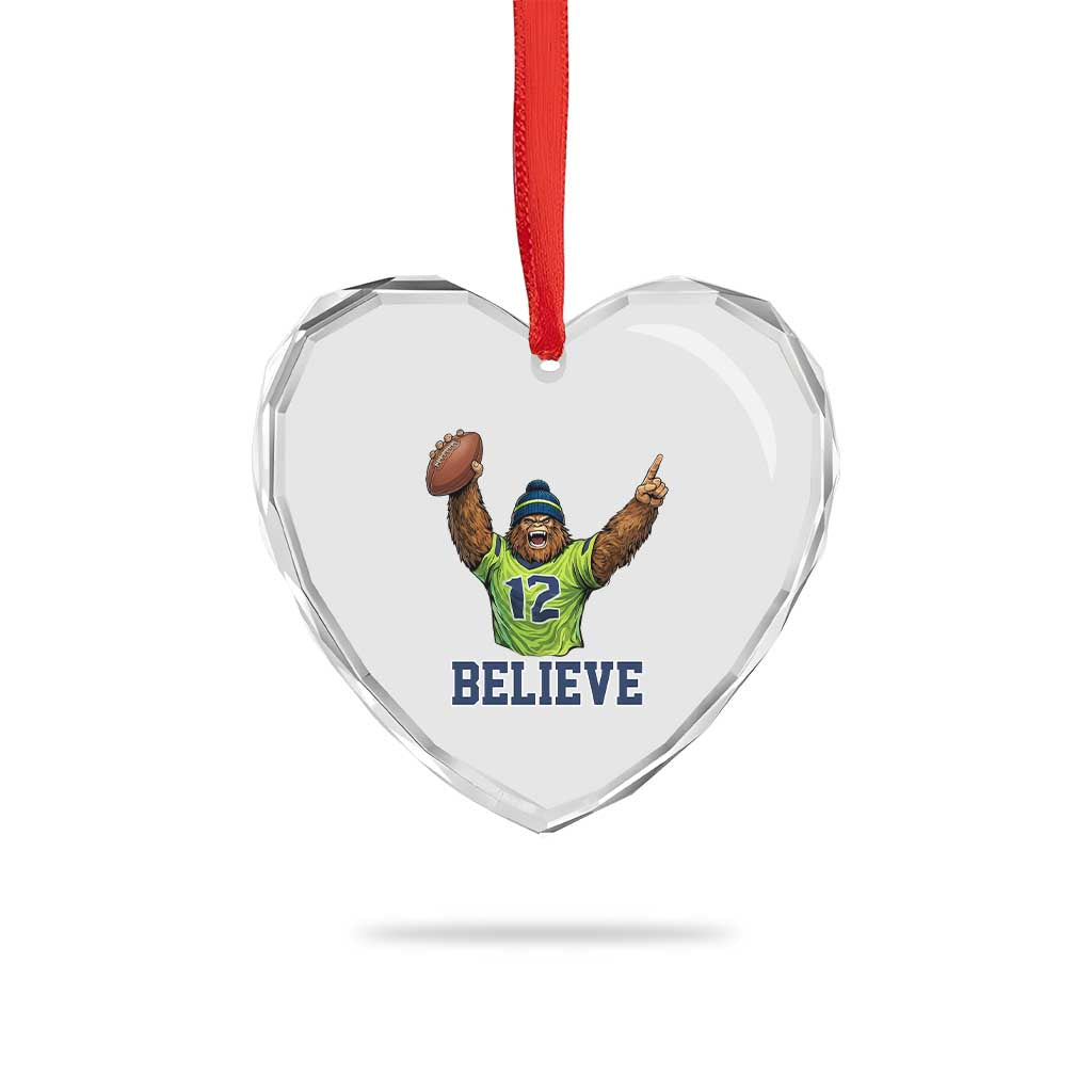 Funny Bigfoot Seattle Sports Fan Heart Crystal Glass Ornament Pacific Northwest Football Graphic