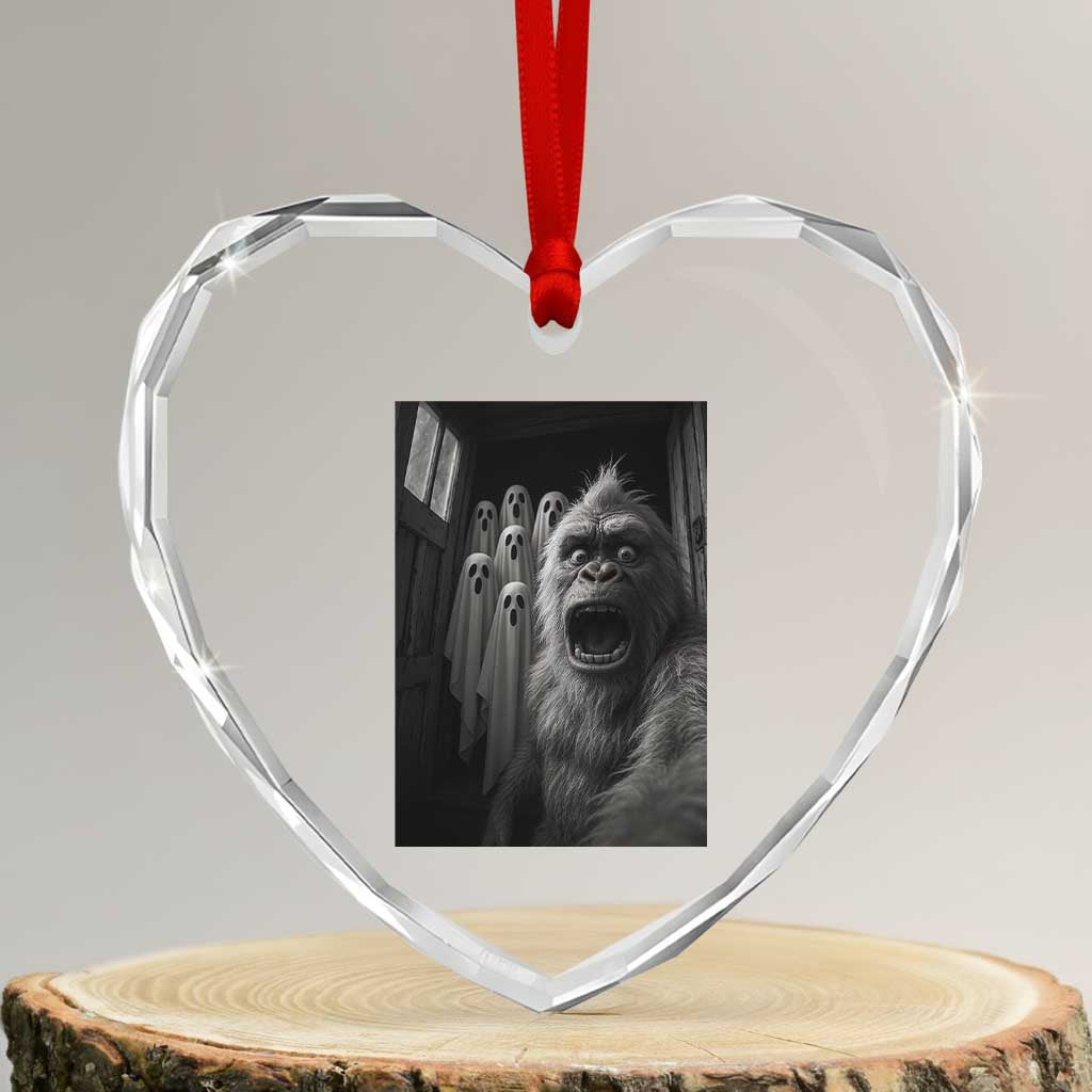 Funny Bigfoot Selfie Halloween Heart Crystal Glass Ornament Sasquatch Ghost Haunted House TS14 Transparent Glass 3'' Heart Print Your Wear