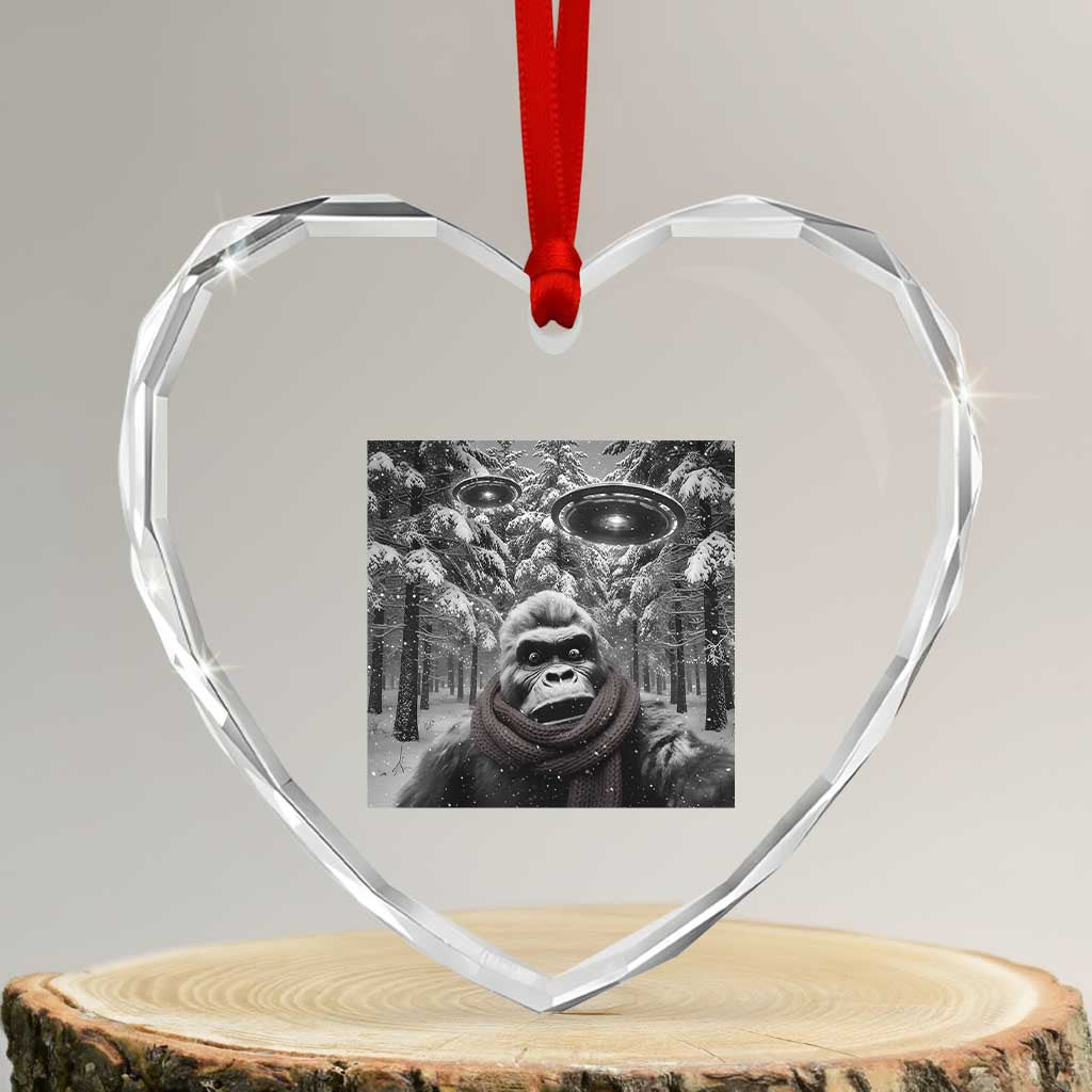 Funny Bigfoot Selfie Heart Crystal Glass Ornament Sasquatch Alien UFO Christmas TS14 Transparent Glass 3'' Heart Print Your Wear