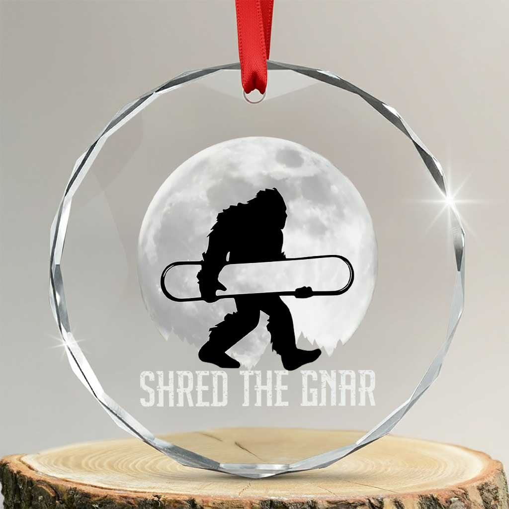 Funny Bigfoot Snowboarding Crystal Glass Ornament Shred The Gnar Moon Snowboard - Print Your Wear