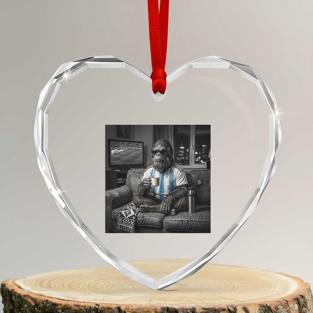 Funny Bigfoot Watching Soccer Heart Crystal Glass Ornament Argentina Futbol Fan