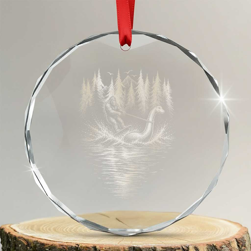 Funny Bigfoot Water Skiing Behind Nessie Crystal Glass Ornament Cryptid Lover TS12 Transparent Glass 3'' Circle Print Your Wear