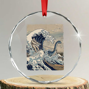 Funny Bigfoot Water Skiing Behind Nessie Crystal Glass Ornament Ukiyoe Inspired Wave Art
