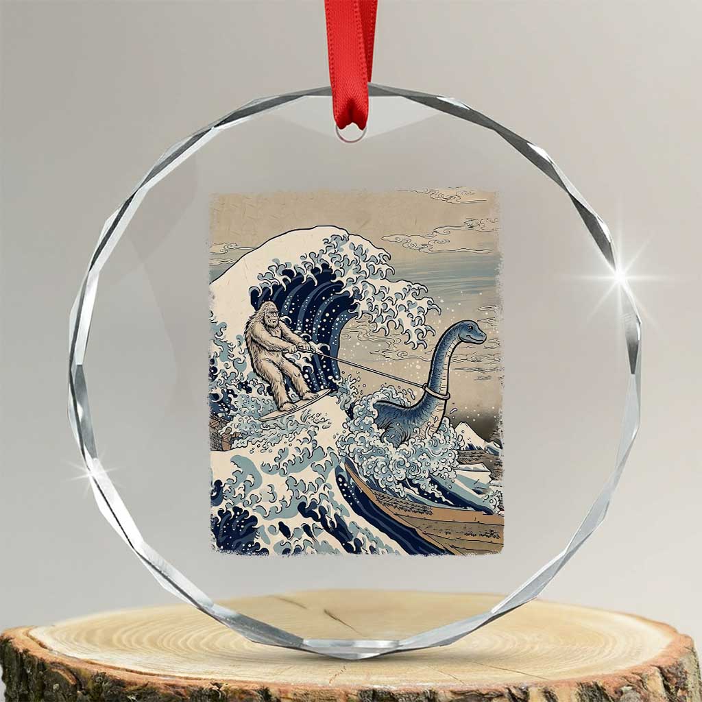 Funny Bigfoot Water Skiing Behind Nessie Crystal Glass Ornament Ukiyoe Inspired Wave Art TS12 Transparent Glass 3'' Circle Print Your Wear