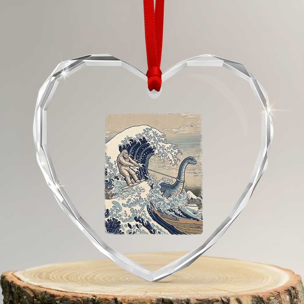 Funny Bigfoot Water Skiing Behind Nessie Heart Crystal Glass Ornament Ukiyoe Inspired Wave Art
