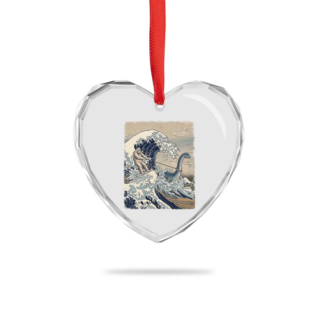 Funny Bigfoot Water Skiing Behind Nessie Heart Crystal Glass Ornament Ukiyoe Inspired Wave Art
