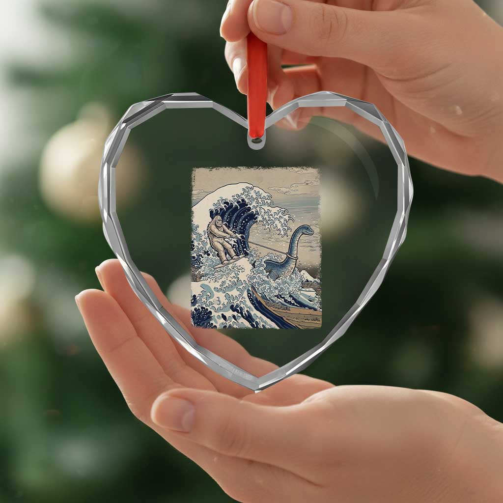 Funny Bigfoot Water Skiing Behind Nessie Heart Crystal Glass Ornament Ukiyoe Inspired Wave Art