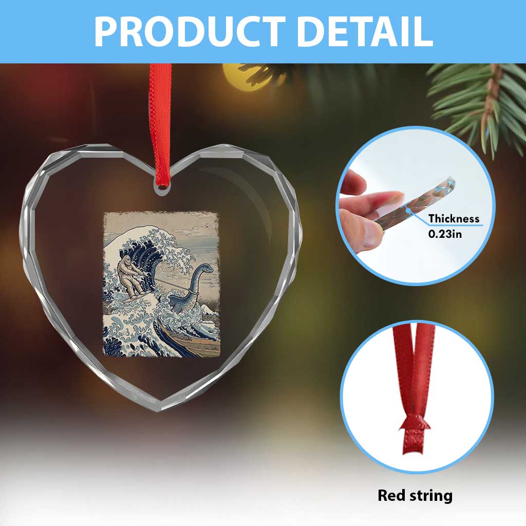 Funny Bigfoot Water Skiing Behind Nessie Heart Crystal Glass Ornament Ukiyoe Inspired Wave Art