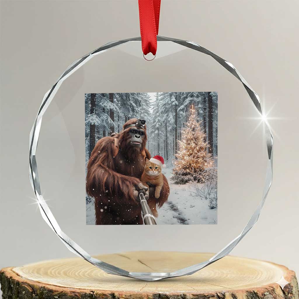 Funny Bigfoot With Cat Selfie Christmas Crystal Glass Ornament TS14 Transparent Glass 3'' Circle Print Your Wear