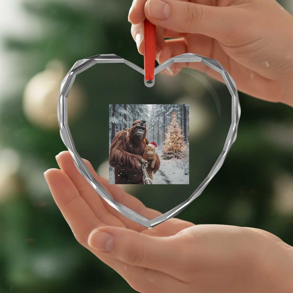 Funny Bigfoot With Cat Selfie Christmas Heart Crystal Glass Ornament TS14 Print Your Wear