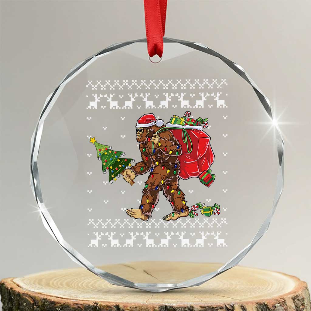Funny Bigfoot Xmas Crystal Glass Ornament Believe Bigfoot Santa Hat Sasquatch Loves Rock On TS10 Transparent Glass 3'' Circle Print Your Wear