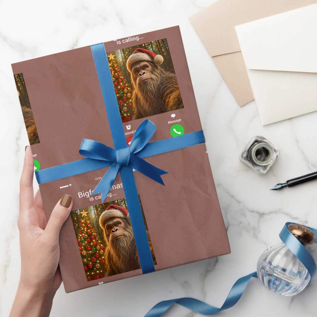 Funny Bigfoot Xmas Wrapping Paper Roll Sasquatch Video Call Meme TS14 Mocha Print Your Wear