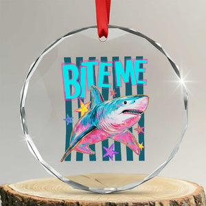 Funny Bite Me Shark Lover Crystal Glass Ornament Summer Beach Nautical Stripes Glitter Print