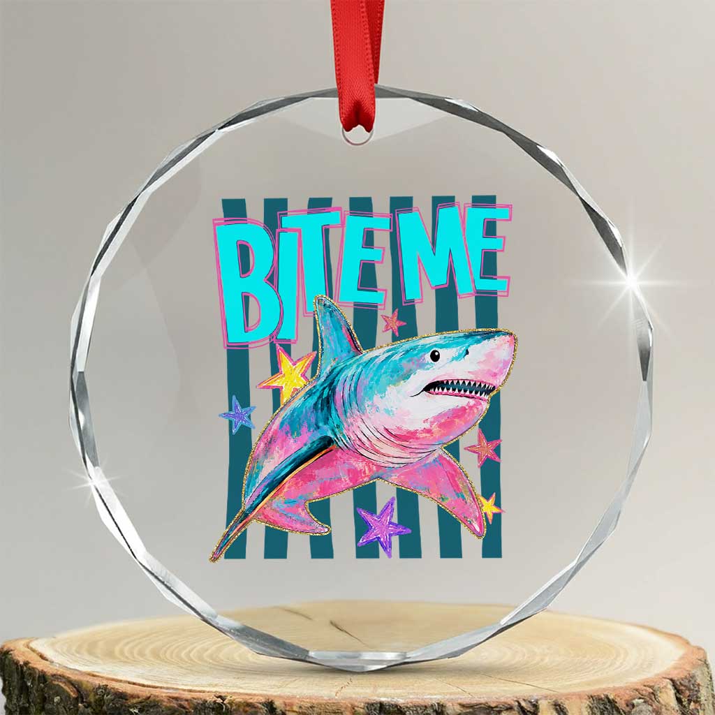 Funny Bite Me Shark Lover Crystal Glass Ornament Summer Beach Nautical Stripes Glitter Print TS11 Transparent Glass 3'' Circle Print Your Wear