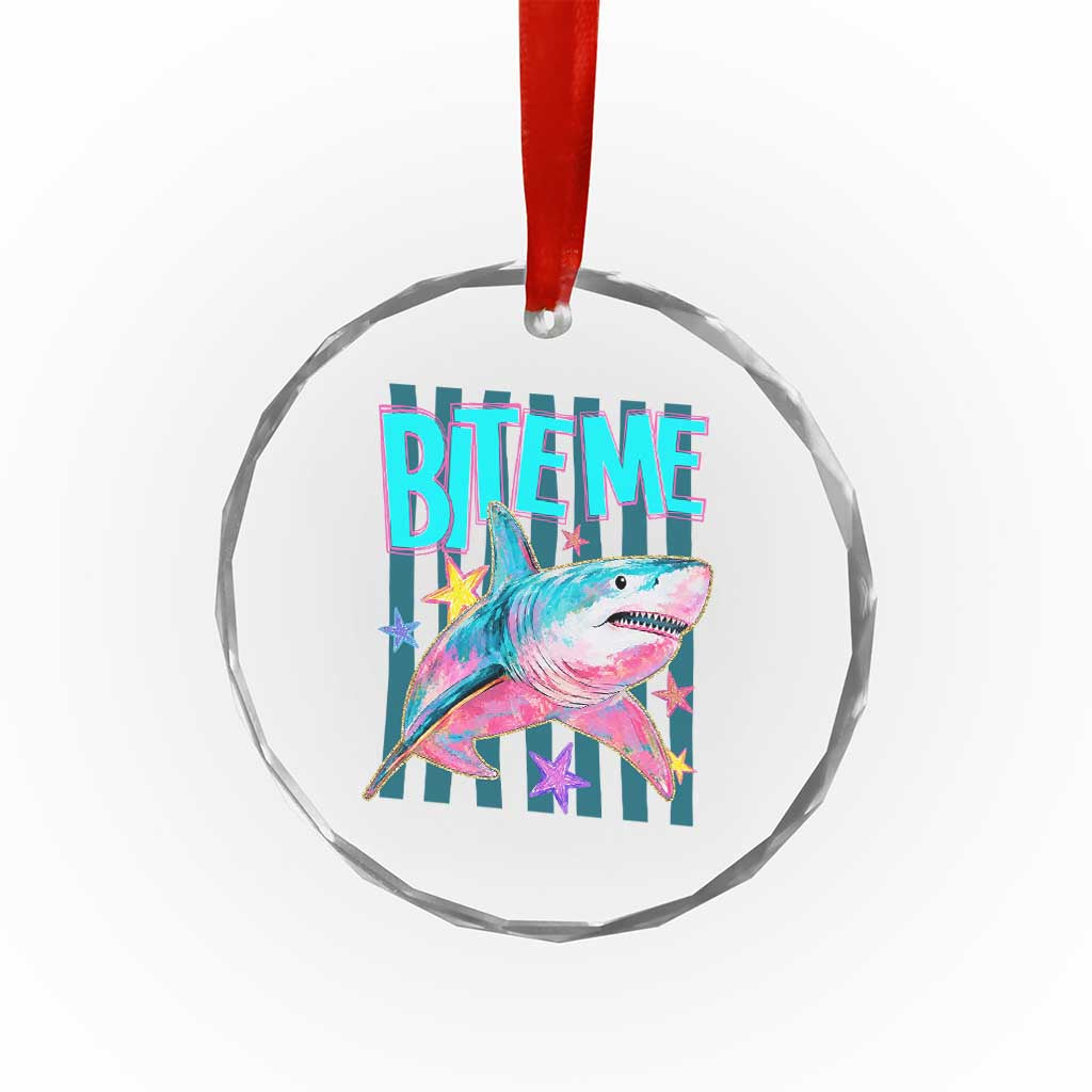 Funny Bite Me Shark Lover Crystal Glass Ornament Summer Beach Nautical Stripes Glitter Print