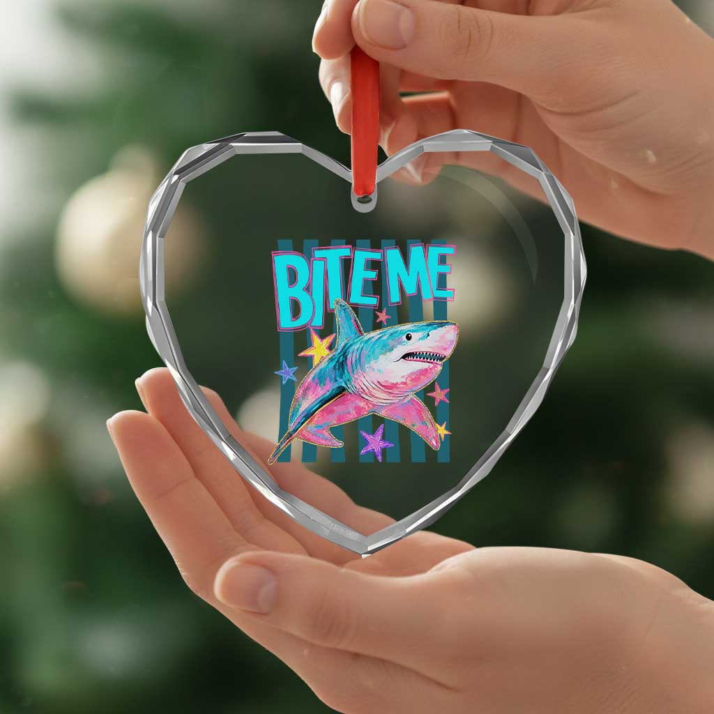 Funny Bite Me Shark Lover Heart Crystal Glass Ornament Summer Beach Nautical Stripes Glitter Print