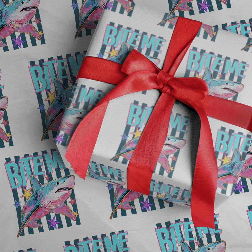 Funny Bite Me Shark Lover Wrapping Paper Roll Summer Beach Nautical Stripes Glitter Print TS11 White Print Your Wear