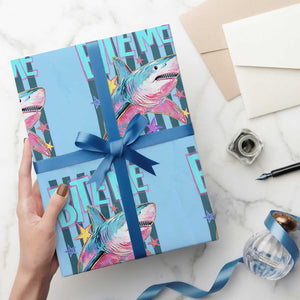 Funny Bite Me Shark Lover Wrapping Paper Roll Summer Beach Nautical Stripes Glitter Print