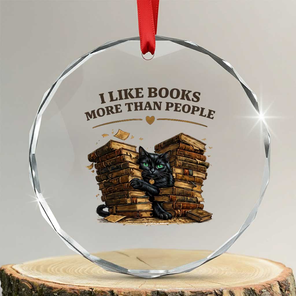 Funny Black Cat Bookworm Quote Crystal Glass Ornament I Like Books More Than People TS12 Transparent Glass 3'' Circle Print Your Wear