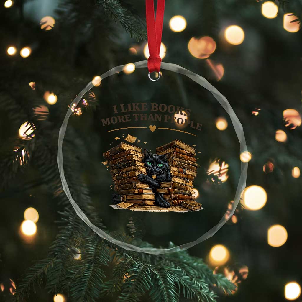 Funny Black Cat Bookworm Quote Crystal Glass Ornament I Like Books More Than People