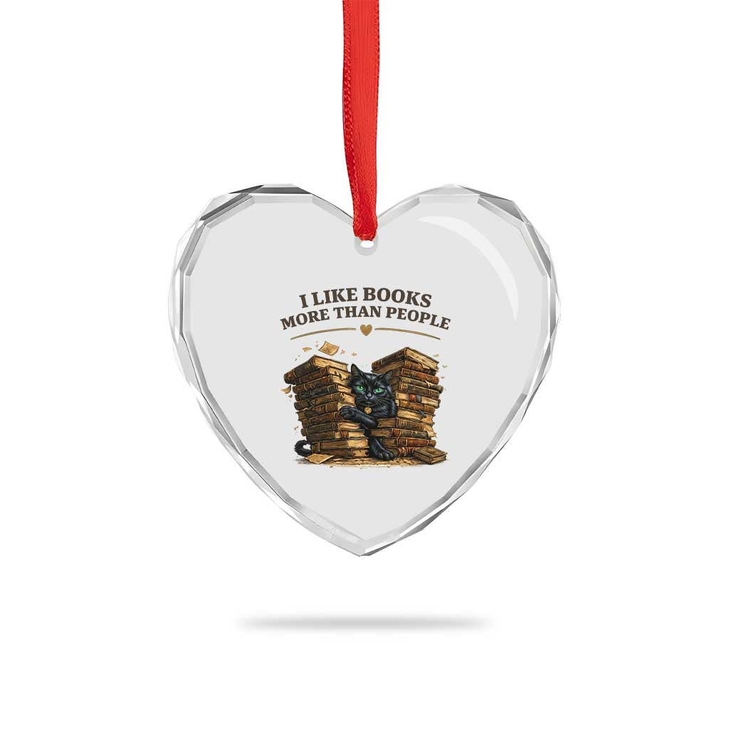 Funny Black Cat Bookworm Quote Heart Crystal Glass Ornament I Like Books More Than People