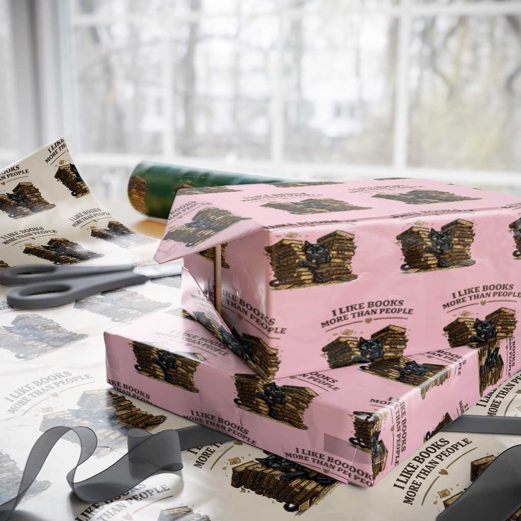 Funny Black Cat Bookworm Quote Wrapping Paper Roll I Like Books More Than People
