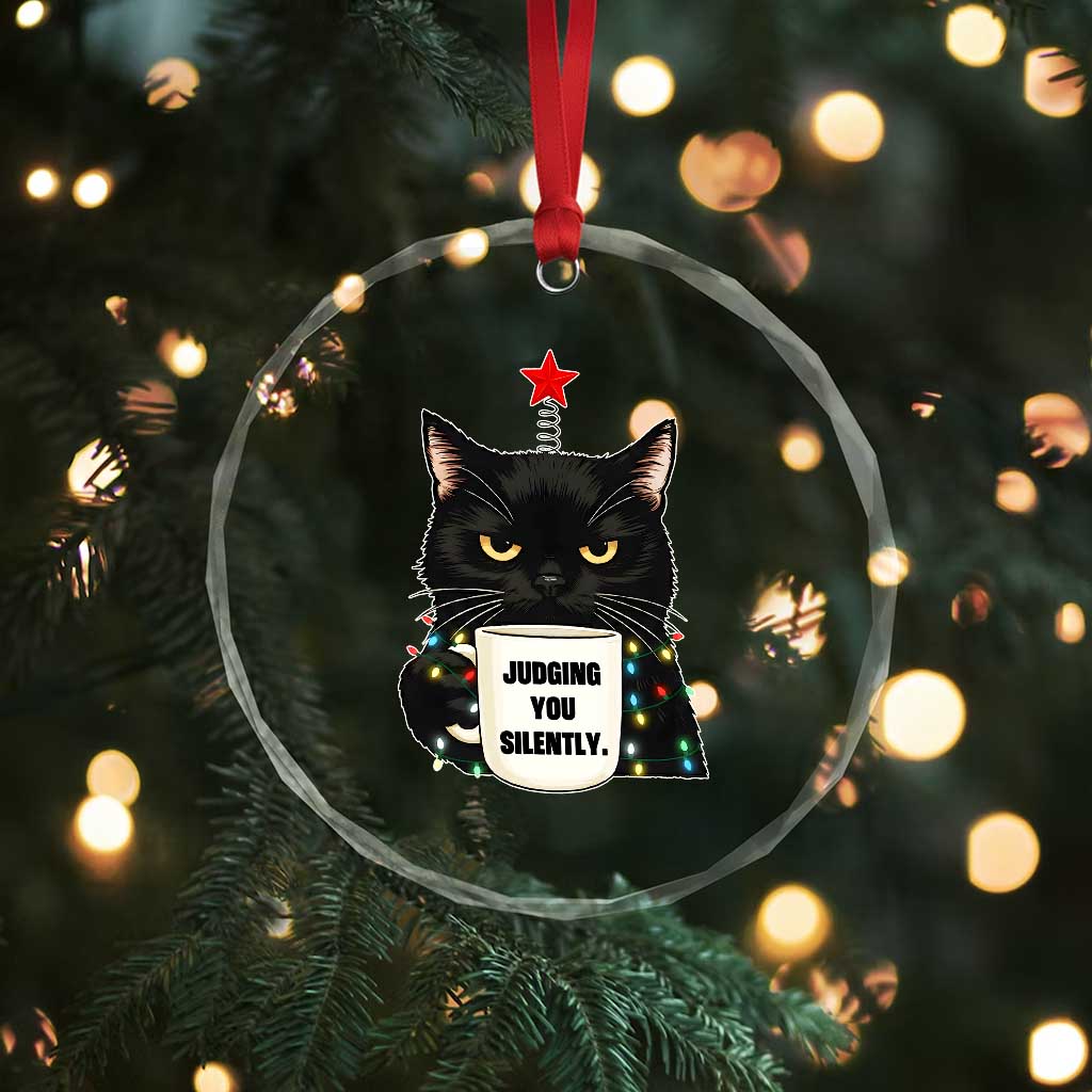 Funny Black Cat Christmas Crystal Glass Ornament Judging You Silently TS14 Print Your Wear