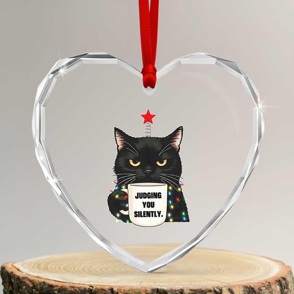 Funny Black Cat Christmas Heart Crystal Glass Ornament Judging You Silently TS14 Transparent Glass 3'' Heart Print Your Wear