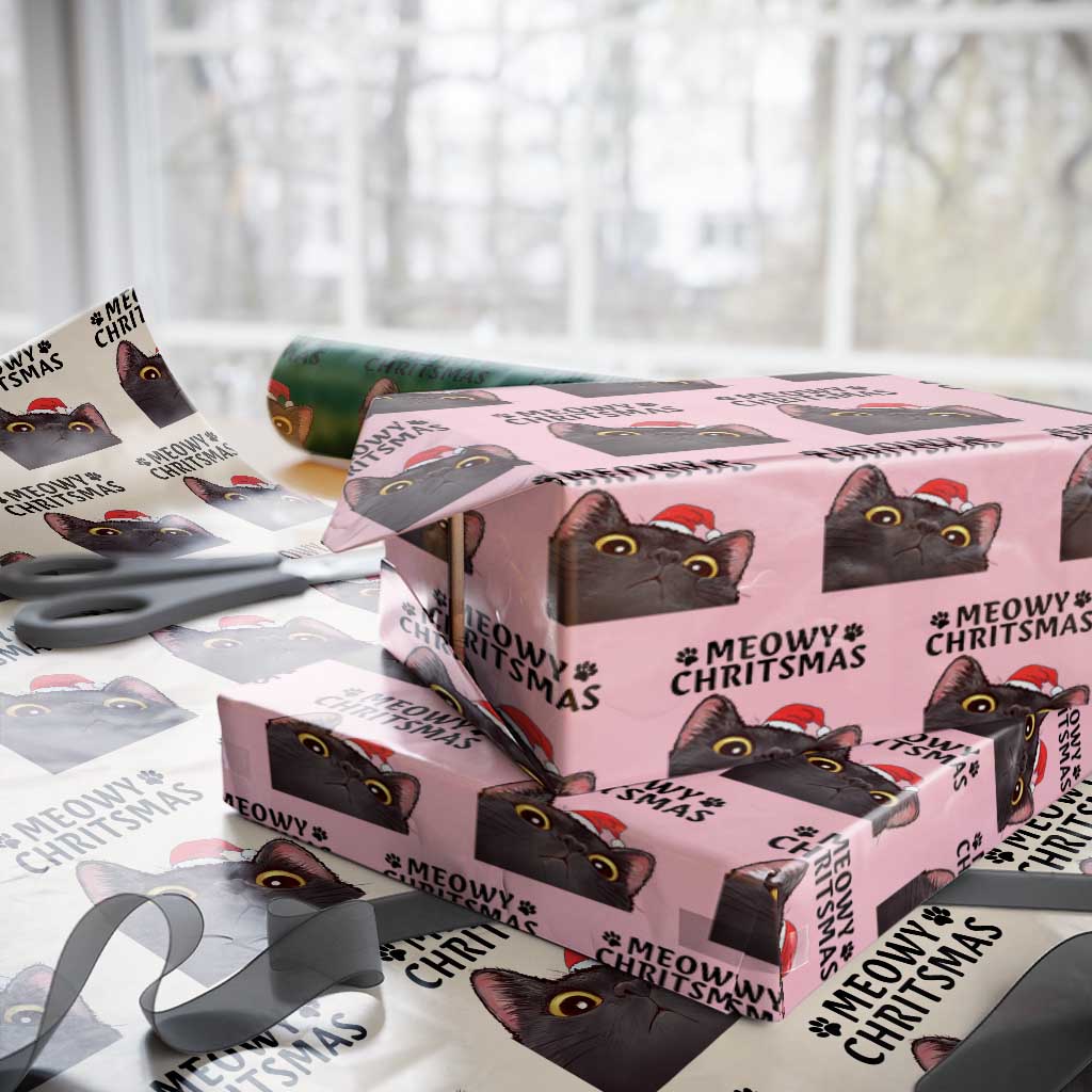 Funny Black Cat Christmas Wrapping Paper Roll Cute Kitty Xmas TS14 Light Pink Print Your Wear
