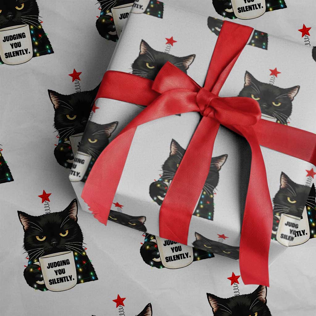 Funny Black Cat Christmas Wrapping Paper Roll Judging You Silently TS14 White Print Your Wear