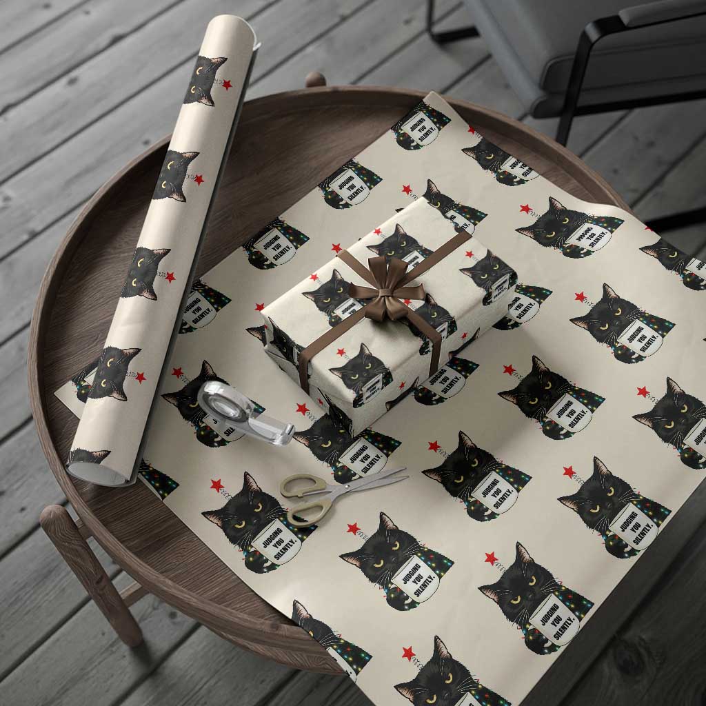 Funny Black Cat Christmas Wrapping Paper Roll Judging You Silently TS14 Beige Print Your Wear