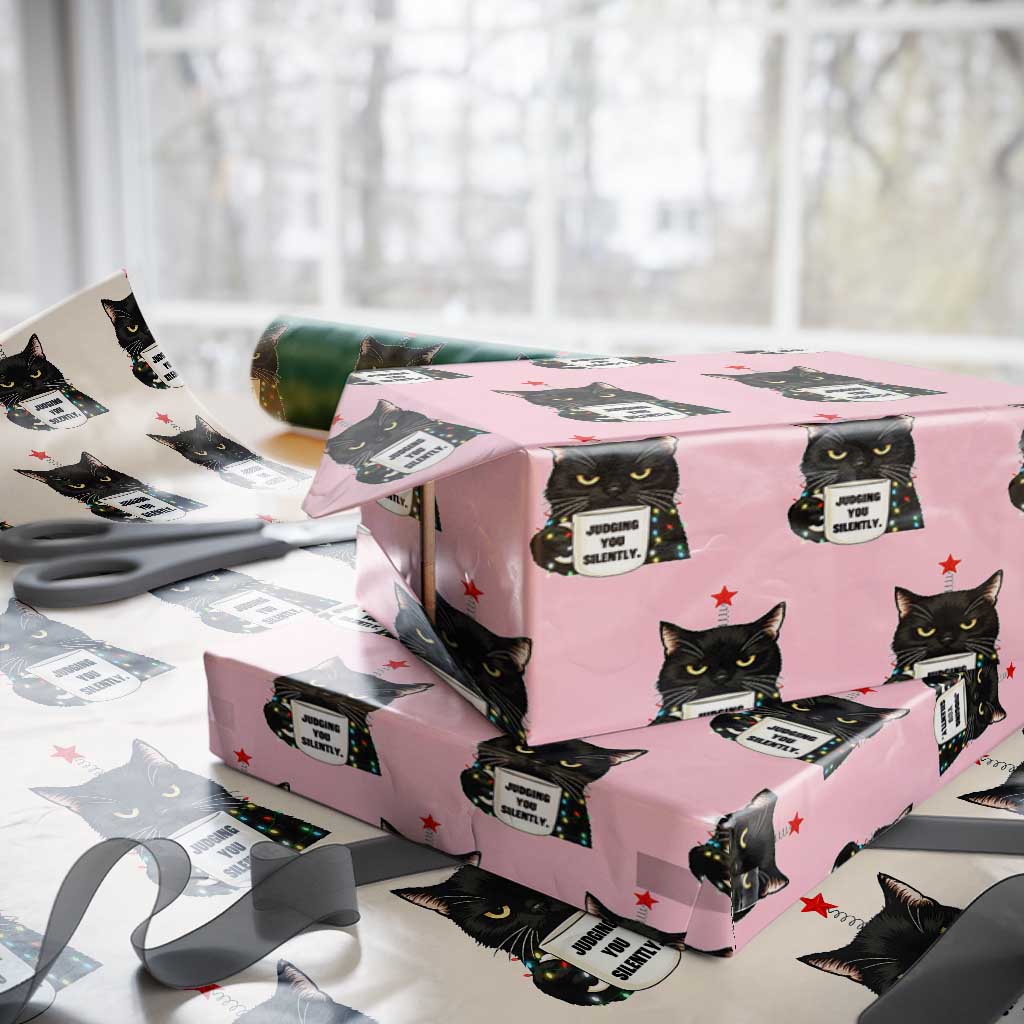 Funny Black Cat Christmas Wrapping Paper Roll Judging You Silently TS14 Light Pink Print Your Wear