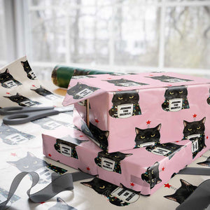 Funny Black Cat Christmas Wrapping Paper Roll Judging You Silently TS14 Light Pink Print Your Wear