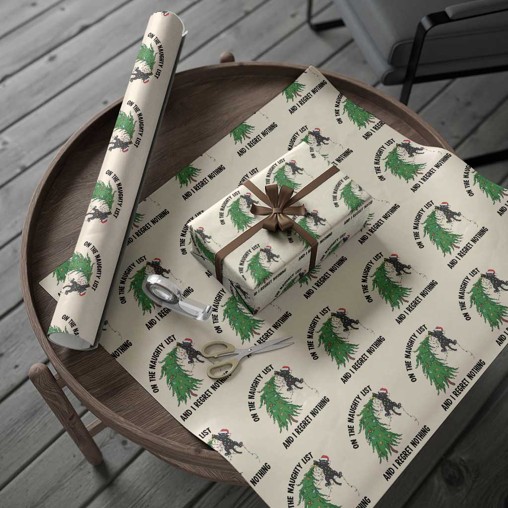 Funny Black Cat Christmas Wrapping Paper Roll On the Naughty List And I Regret Nothing TS14 Beige Print Your Wear