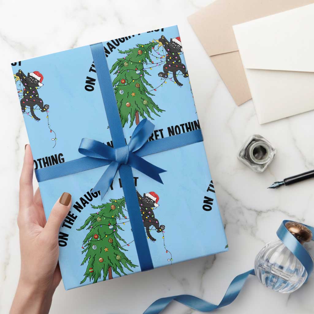 Funny Black Cat Christmas Wrapping Paper Roll On the Naughty List And I Regret Nothing TS14 Light Blue Print Your Wear