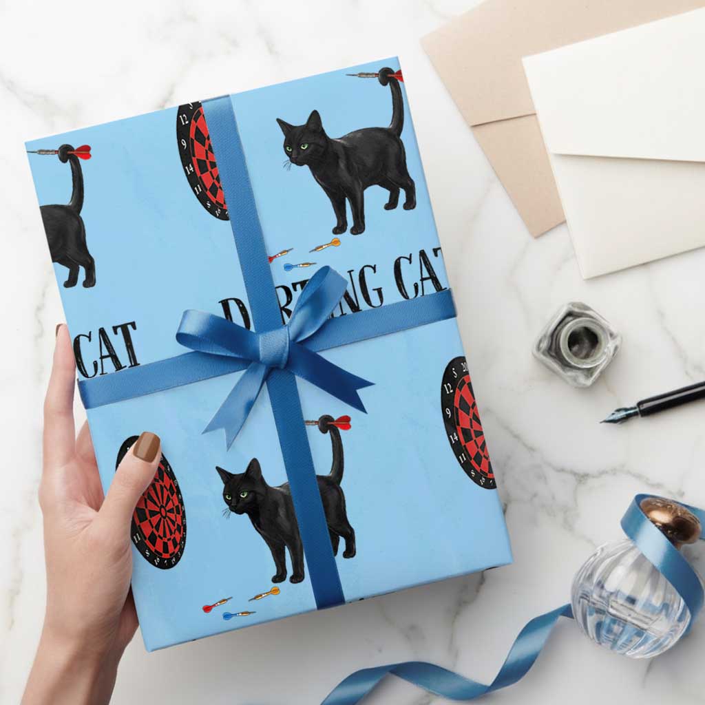 Funny Black Cat Darts Player Wrapping Paper Roll Darting Cat Dartist Gift TS12 Light Blue Print Your Wear