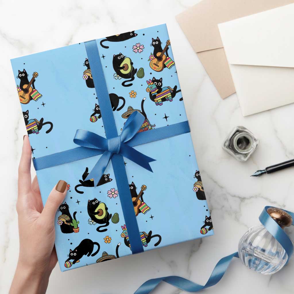 Funny Black Cat Lover Cinco De Mayo Wrapping Paper Roll Mexican Fiesta Gift TS12 Light Blue Print Your Wear