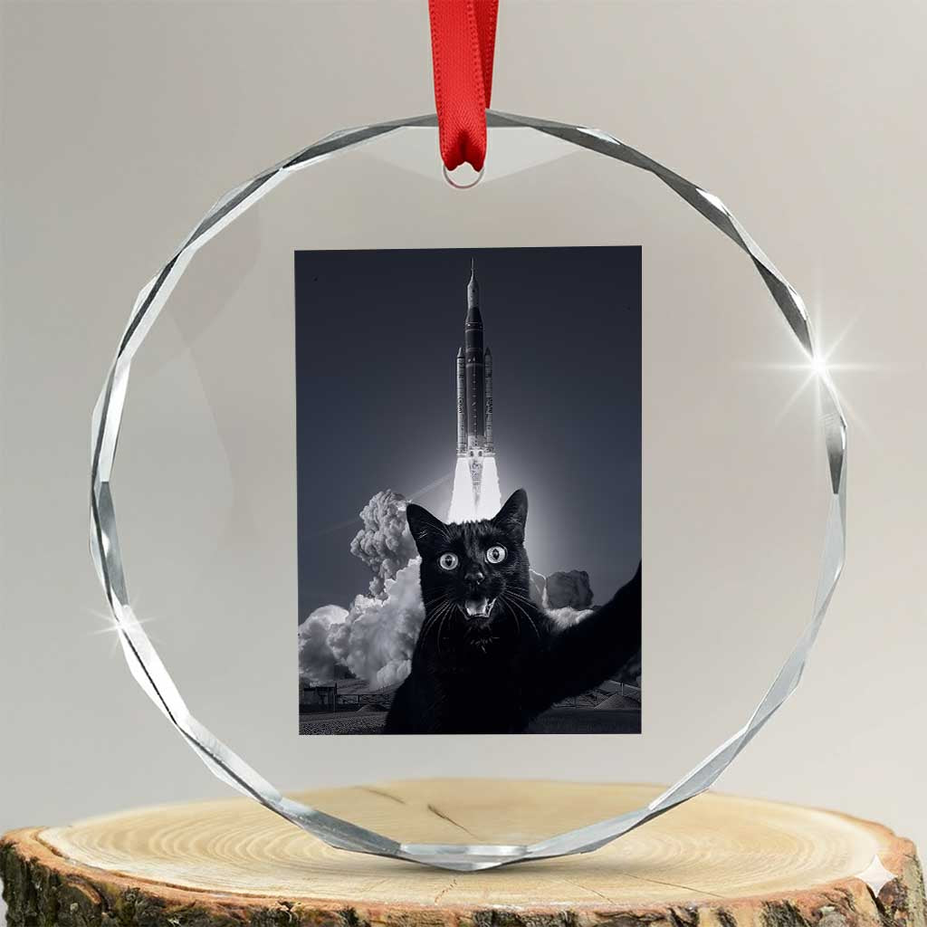 Funny Black Cat Selfie Crystal Glass Ornament Back To The Moon Mission 2026 TS14 Transparent Glass 3'' Circle Print Your Wear
