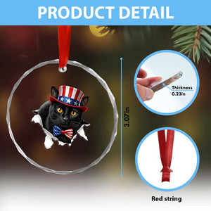 Funny Black Cat With Uncle Sam Hat Crystal Glass Ornament Patriotic Pet Lover