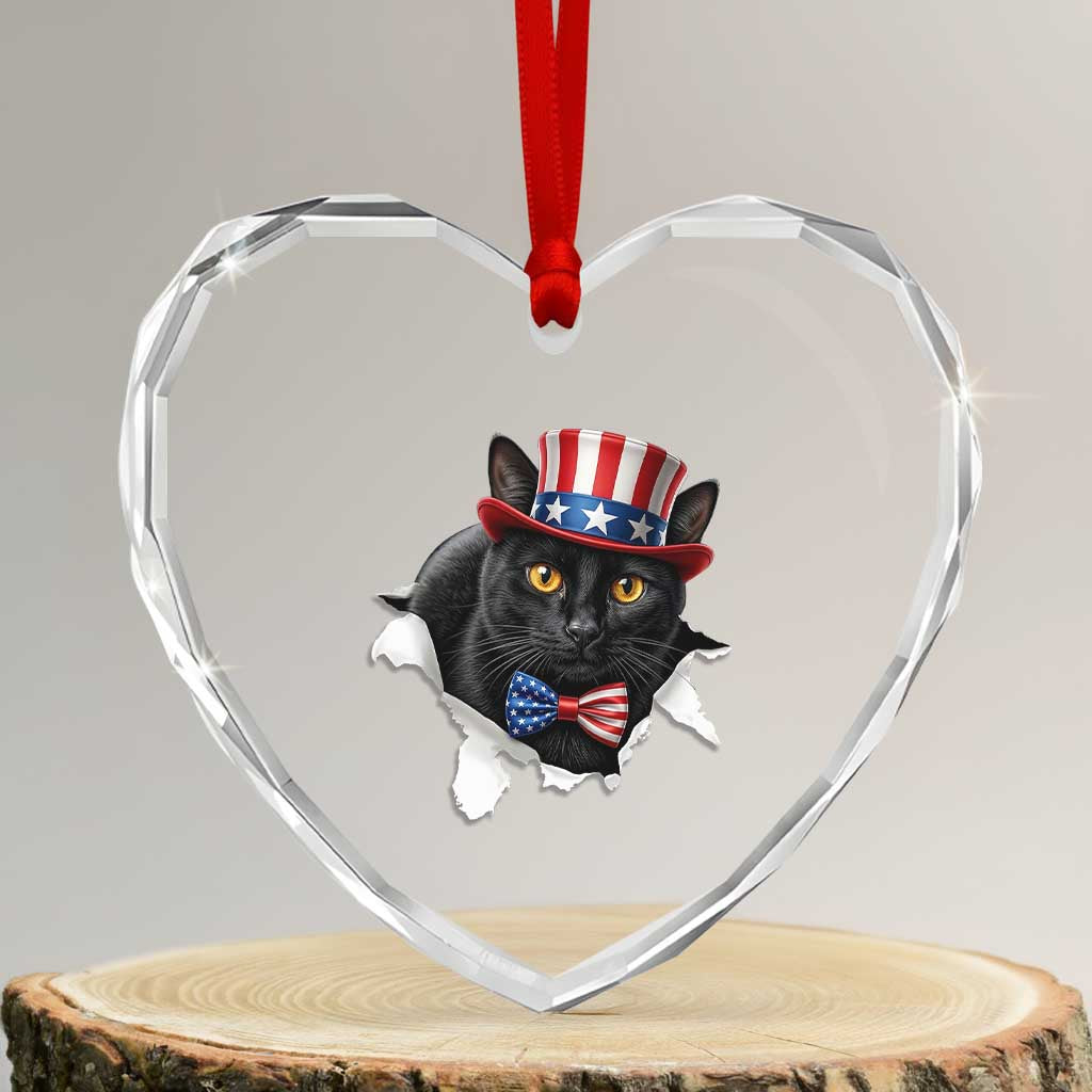 Funny Black Cat With Uncle Sam Hat Heart Crystal Glass Ornament Patriotic Pet Lover TS12 Transparent Glass 3'' Heart Print Your Wear