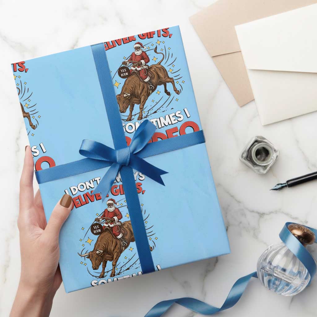 Funny Black Santa Bull Riding Christmas Wrapping Paper Roll I Do Not Deliver Gifts I Rodeo TS12 Light Blue Print Your Wear