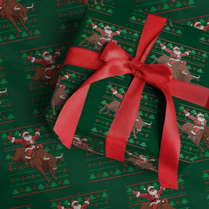 Funny Black Santa Riding Bull Wrapping Paper Roll Ugly Christmas Sweater Gift TS12 Green Print Your Wear